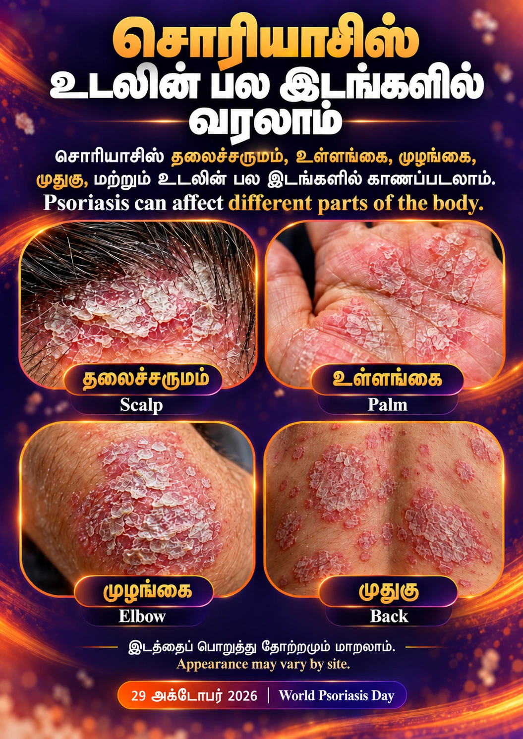 World Psoriasis Day 2026, poster 2: Psoriasis can appear in many areas of the body.